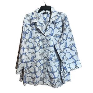 Foxcroft Top 24W Multicolor Equestrian Print Wrinkle Free Shaped Fit Button